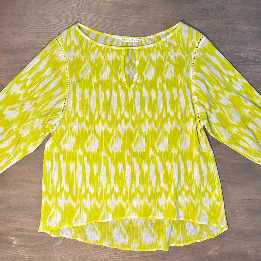 TRINA TURK Womens Yellow White‎ Ikat Print Blouse Top Silk Cotton 3/4 Sleeve